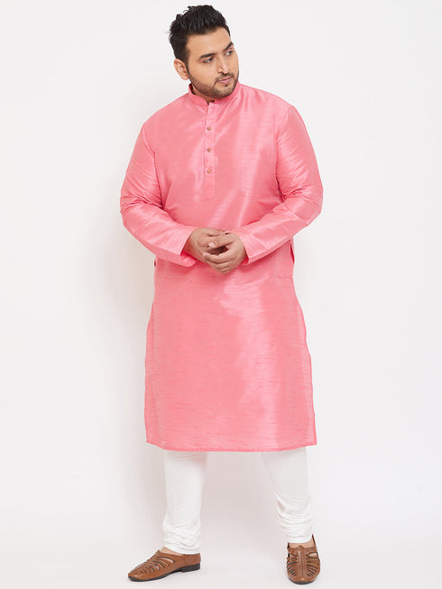 Vastramay Men's Plus Size Pink Silk Blend Kurta Pyjama Set
